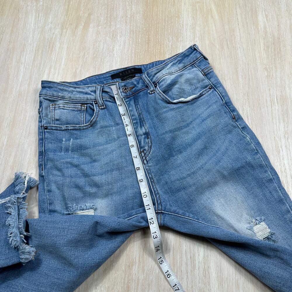 Risen Distressed High Rise Shredded Knee Grunge Edgy Cropped Boot Denim Jeans 30 - Picture 6 of 16